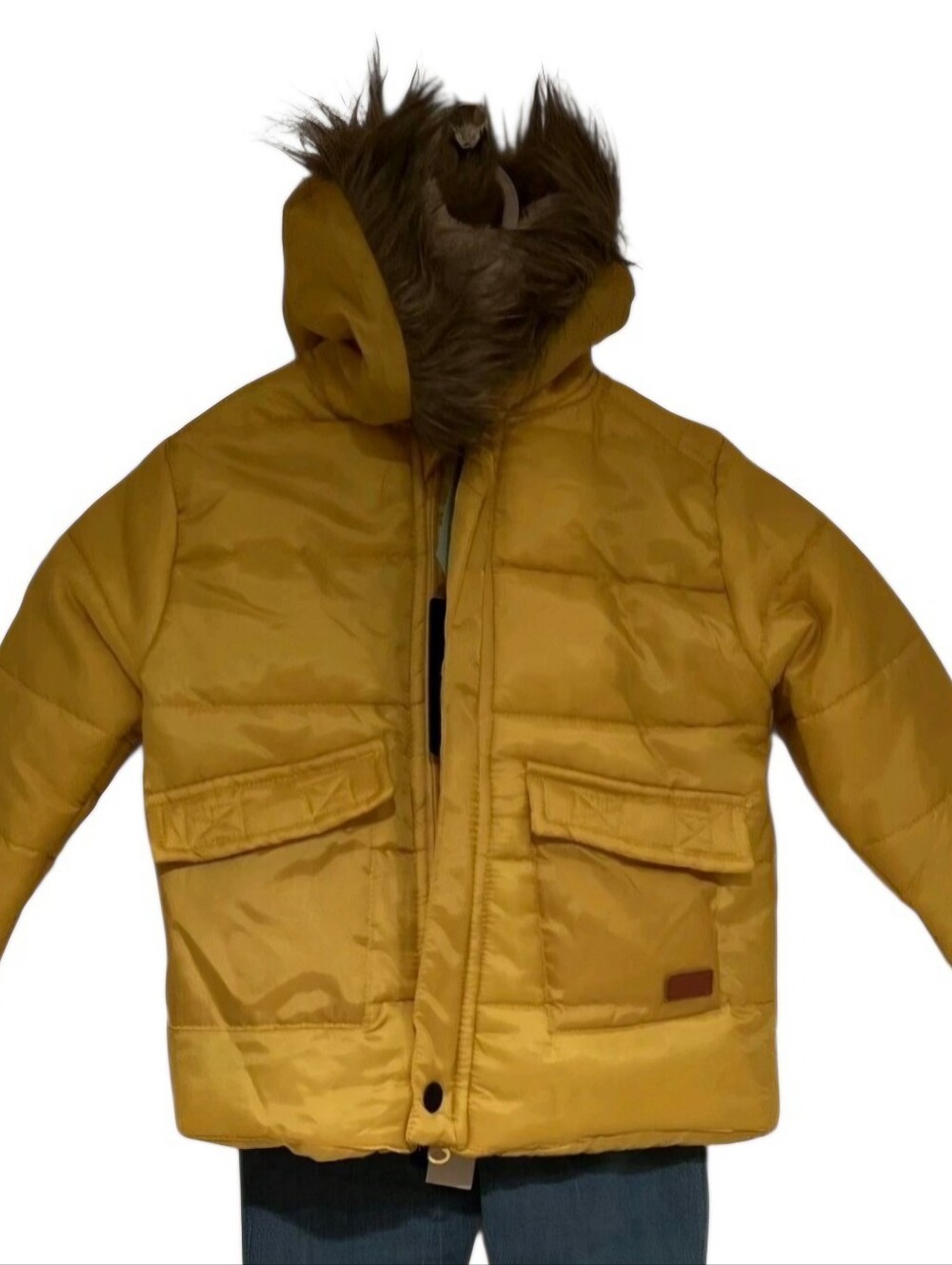 7 For All Mankind NWT Mustard Yellow Hooded Puffer with Faux Fur Trim 4T